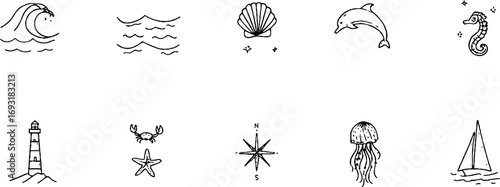 Minimalist marine life line art collection featuring dolphin, seashell, wave, and nautical elements
