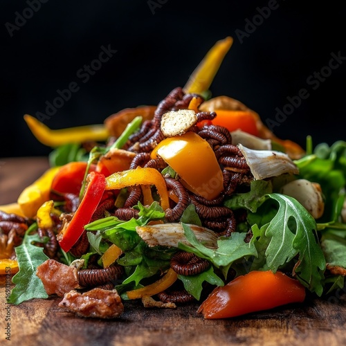 Worm Salad with Bell Peppers and Arugula Exotic Food, Insect Cuisine, Delicacy. ,FoodPhotography ,Entomophagy