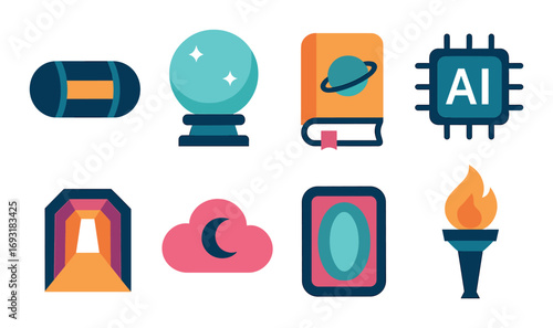 Futuristic technology flat icon set. featuring vr headset, crystal ball, ai chip, portal, and torch symbols.