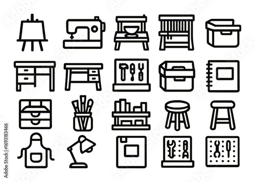 Art studio linear icon set. featuring easel, sewing machine, pottery wheel, loom, and storage box symbols.