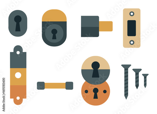 Security and lock flat icon set. featuring lock, keyhole, padlock, deadbolt, latch, screws, and doorplate symbols.
