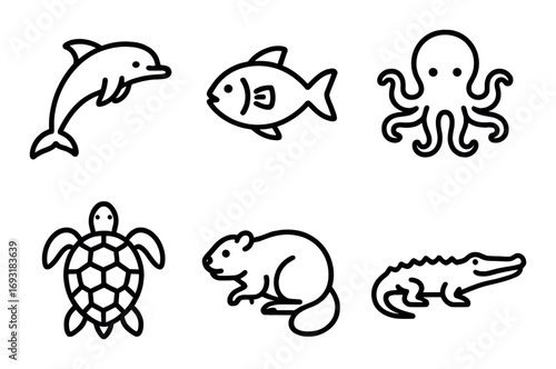 Aquatic animals silhouette icon set. featuring dolphin, fish, octopus, turtle, beaver, crocodile symbols.