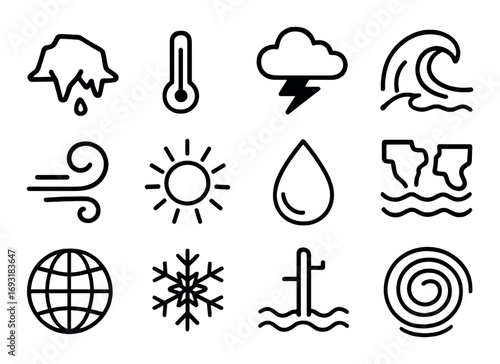 Weather elements silhouette icon set. featuring ice, temperature, storm, wave, wind, sun, rain, snowflake.