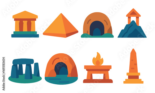 Ancient wonders flat icons set. featuring stonehenge, pyramid, obelisk, cave, temple, fire pit.
