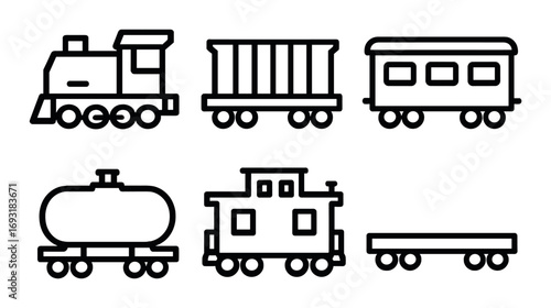 Transportation linear icon set. featuring train, freight, locomotive, tanker, caboose, and flatcar symbols.