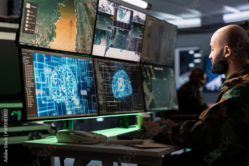 Fotografie Army computer scientist employing AI technology in military planning and decision making processes