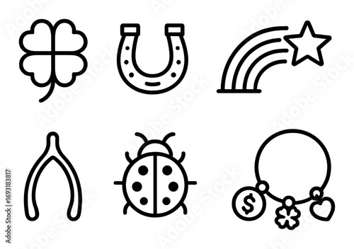 Good luck linear icon set. featuring clover, horseshoe, rainbow, wishbone, ladybug, charm symbols.