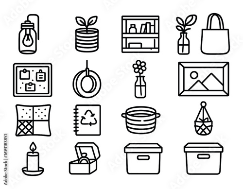 Home decor linear icon set. featuring lantern, plant, bookshelf, tote, notebook, and candle symbols.