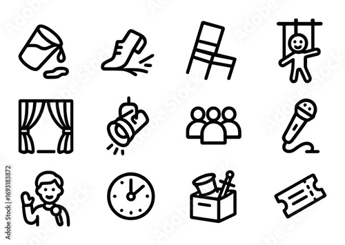 Theater and performance linear icon set. featuring paint can, shoe, chair, puppet, curtain, spotlight, audience, microphone, actor, clock, props, ticket.