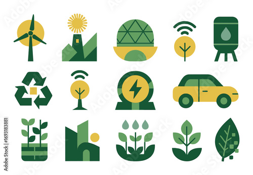 Eco and renewable energy flat icon set. featuring wind turbine, solar panel, recycling, electric car, and water conservation.