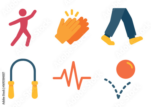 Exercise and fitness silhouette icon set. featuring jump rope, pulse, clap hands, dance, legs, ball.