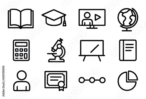 Education linear icon set. featuring book, graduation cap, video lesson, globe, calculator, microscope, whiteboard.
