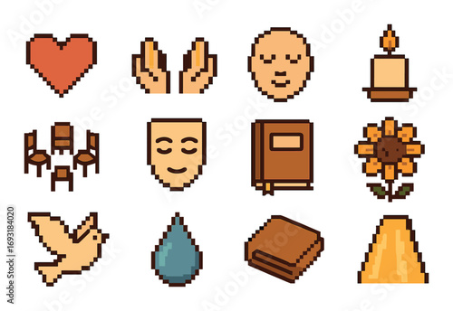 Spirituality flat icon set. featuring heart, prayer, meditation, candle, community, mask, book, flower, dove, droplet, pyramid symbols.