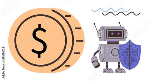 Robot holding shield with binary code facing large dollar coin and signal waves above. Ideal for cybersecurity, finance, fintech, innovation, technology, data protection, digital economy. Simple flat