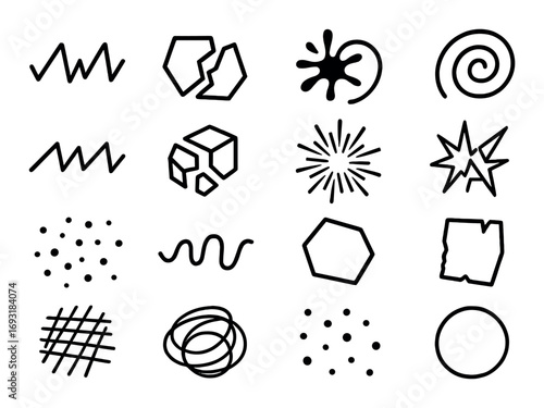 Abstract shapes silhouette icon set. featuring wave, hexagon, splat, spiral, cube, burst, star, grid symbols.