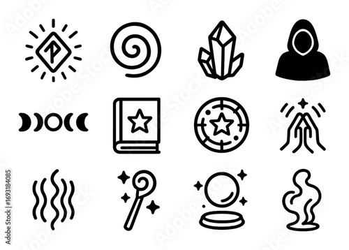 Mystical elements linear icon set. featuring crystal, moon phases, hooded figure, smoke, and prayer hands symbols.