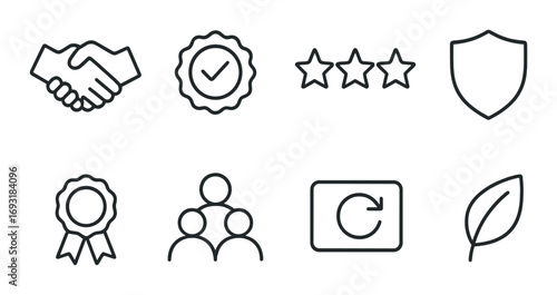 Business silhouette icons set. featuring handshake, badge, stars, shield, award, group, refresh, and leaf symbols.