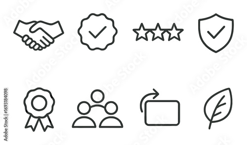 Business and quality silhouette icon set. featuring handshake, checkmark, stars, shield, badge, team, refresh, leaf.