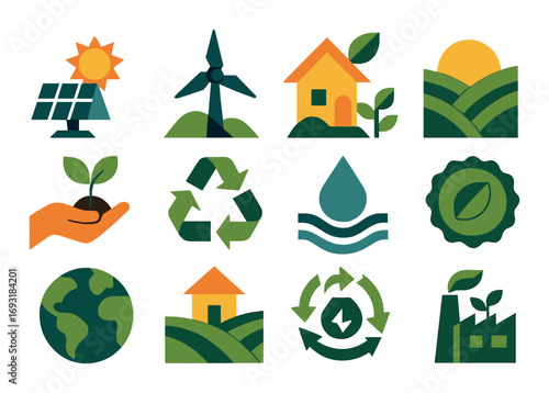 Eco-friendly energy flat icon set. featuring solar, wind, home, sunrise, plant, recycle, water, and earth symbols.