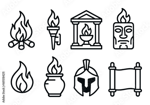 Mythology linear icon set. featuring fire, torch, temple, mask, helmet, scroll symbols.