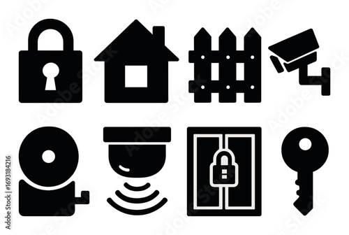Home security silhouette icon set. featuring lock, house, fence, camera, alarm, door, key symbols.