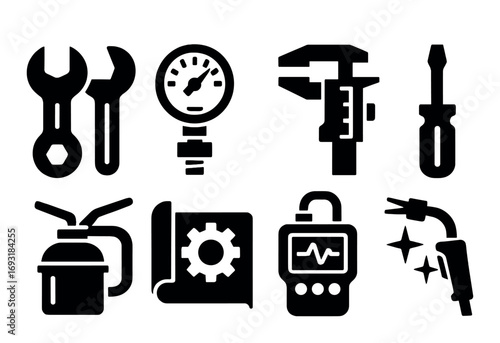 Mechanical tools silhouette icon set. featuring wrench, gauge, caliper, screwdriver, oil can, blueprint, multimeter, welding.