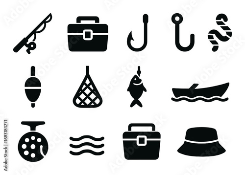 Fishing gear silhouette icon set. featuring rod, tackle box, hooks, worm, bobber, net, fish, boat.