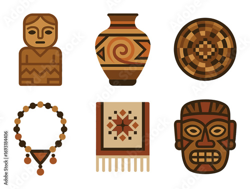 Indigenous artifacts flat icon set. featuring figurine, vase, disk, necklace, textile, and mask symbols.