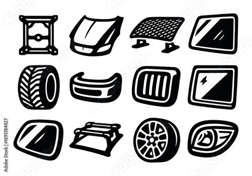Automotive parts silhouette icons set. hood, roof, mirror, tire, bumper, grille, frame, wheel, light.