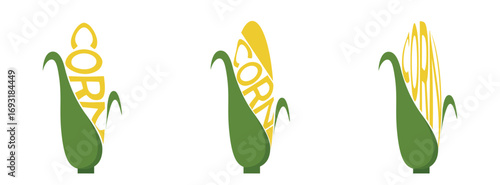 Stylized illustrations of corns with inscription corn. Vegetable, planting and harvest symbols. Natural organic food. Isolated vector images