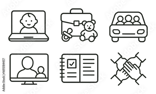 Family and communication linear icon set. featuring video calling, baby, teamwork, diary, and carpool symbols.