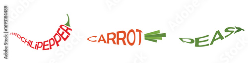 Stylized vegetable-themed illustration featuring the words REDCHILIPEPPER, CARROT, and PEAS shaped like their respective vegetables. Each word is formed to resemble the vegetable it represents