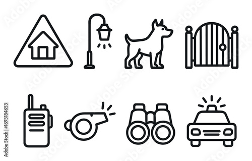 Security and safety silhouette icon set. featuring home, lamp, dog, gate, radio, whistle, binoculars, patrol car icons.