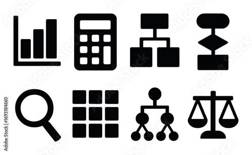 Business silhouette icon set. featuring chart, calculator, hierarchy, flowchart, search, grid, network, and balance symbols.