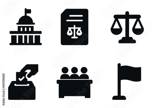 Government and law silhouette icon set. featuring courthouse, scales, ballot, document, meeting, and flag.