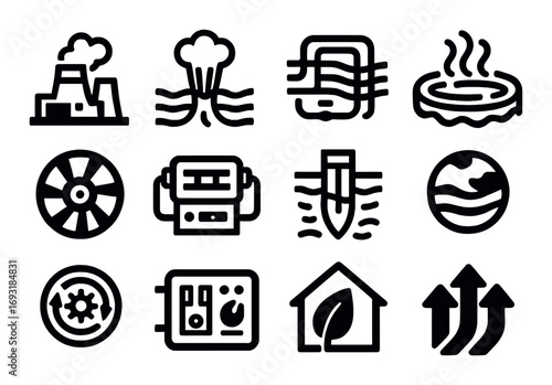 Geothermal energy linear icon set. featuring power plant, geyser, pump, spa, and turbine symbols.