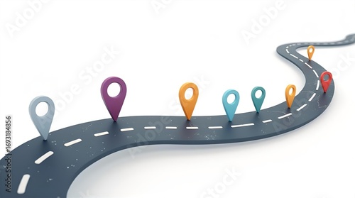 Winding road with colorful 3D map location pins on a clean white background, representing a journey, timeline, and strategic planning concept.