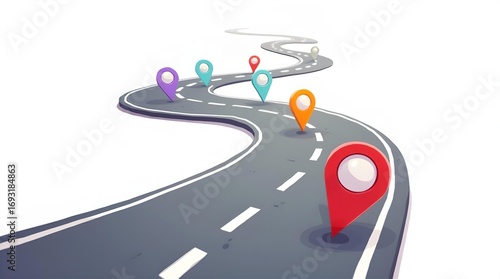 Colorful 3D illustration of a winding road with multiple bright map location pins marking progress on a journey or strategic roadmap against a white background.
