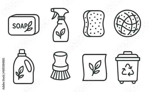 Cleaning tools linear icon set. featuring soap, spray bottle, sponge, soap dispenser, brush, cloth, recycle bin.