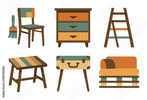 Furniture flat icon set. featuring chair, dresser, ladder, stool, suitcase, and mattress symbols.