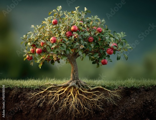 Lush apple tree with visible roots