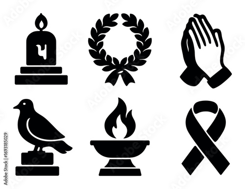 Memorial and remembrance silhouette icon set. featuring candle, wreath, praying hands, dove, eternal flame, ribbon.