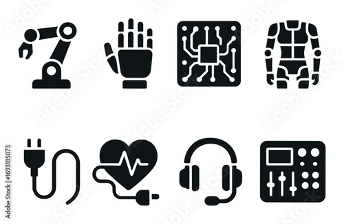 Technology silhouette icon set. featuring robot arm, prosthetic hand, circuit, exoskeleton, plug, heartbeat, headset, mixer.