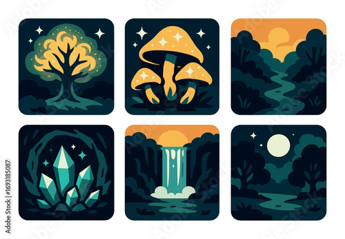 Nature adventures flat icon set. featuring tree, mushrooms, river, crystals, waterfall, moon symbols.