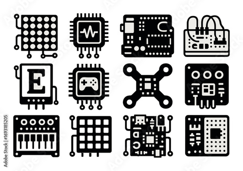 Technology silhouette icon set. featuring ai, circuit, drone, microchip, robotics, electronics, and game controller icons.