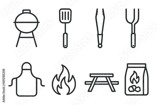 Barbecue equipment linear icon set. featuring grill, spatula, tongs, fork, apron, fire, picnic table, charcoal bag symbols.