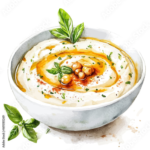 Hummus, watercolor clipart vector, isolated on a white background.