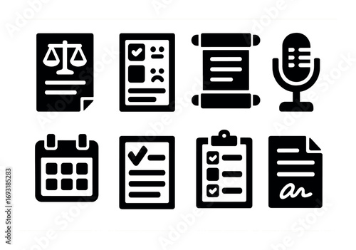 Legal and communication silhouette icon set. featuring document, checklist, scroll, microphone, calendar, clipboard.