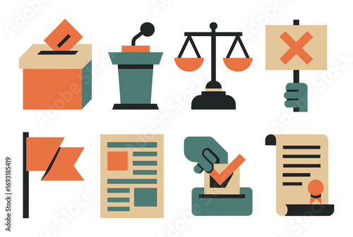 Voting and election flat icon set. featuring ballot, podium, scales, protest, flag, document, approval, certificate.
