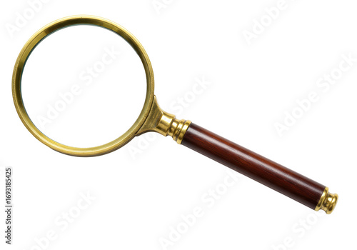 Isolated close-up of a magnifying glass with a golden frame and wooden handle on neutral space